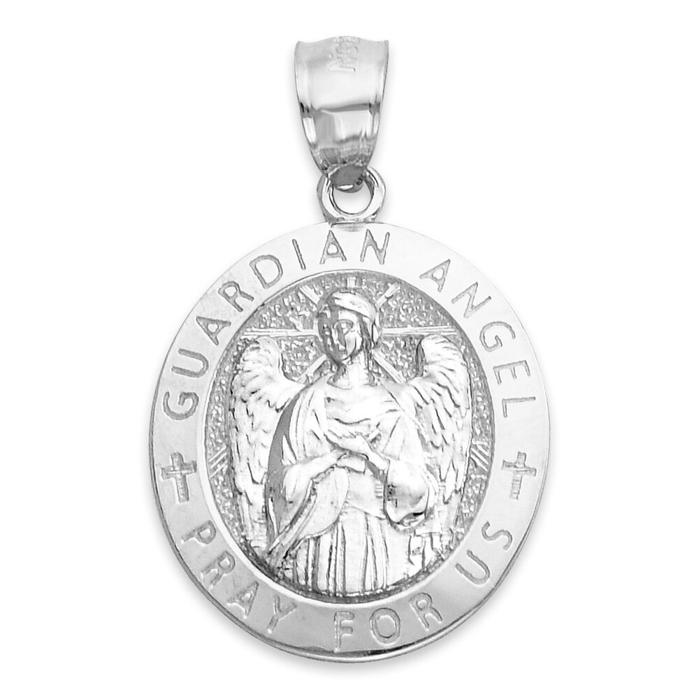 Solid 14k White Gold Guardian Angel Medal - Religious Protection Pendant for Him